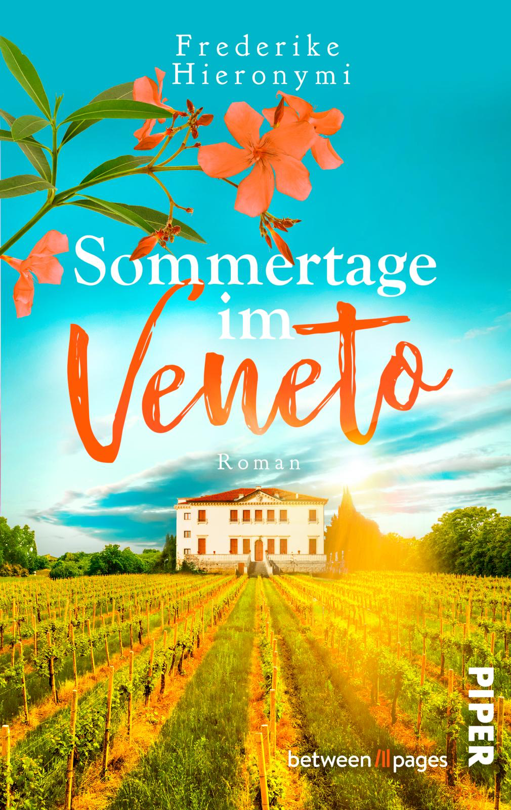 Buchcover zeigt eine italienische Villa umgeben von Weinreben unter strahlend blauem Himmel